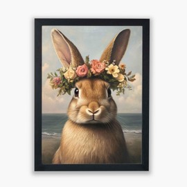 Spiffing Prints Beachside Beasts – Rabbit with Flowers – Cute Bunny Wall Art by the Sea - Small - Unframed