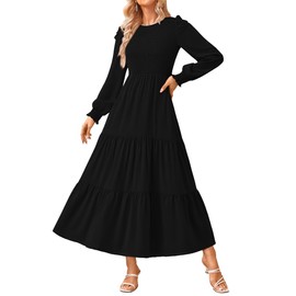 KIRUNDO Women Spring Wedding Guest Puff Long Sleeve Maxi Dress Casual Crew Neck Smocked Tiered A Line Flowy Long Dresses(Black, Large)