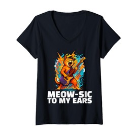 Womens Cat Music Guitar Riff Rock Meow-sic To My Ears Funny V-Neck T-Shirt