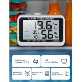 Houdian Digital Fridge Thermometer, Fridge Thermometer (-58°F to 158°F) with Maximum/Minimum Alarm Function, Waterproof Fridge Freezer Thermometer (A0909C)
