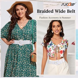 SUOSDEY Rattan Braided Belt for Women, Wide Waist Belt for Dress Woven Boho Belt with Semi-circle Buckle white