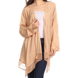 Sakkas 30232 - Isenia Cardigan Open Front Kimono Long Sleeve Embroidered Top Blouse Lace - Sand - OS