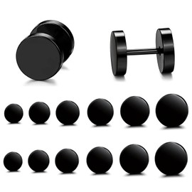 Fhioevt 6 Pairs of Stud Earrings Black Men's Earrings Stainless Steel Hypoallergenic Black Earrings Women's Fake Plug Men's Earrings Set 3 mm - 8 mm Screw Earrings Dumbbell Ear Piercing Men and Women,