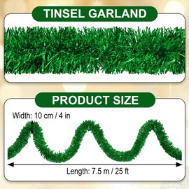25 Feet Green Christmas Tinsel Garland, Metallic Foil Twist Garland Wall Hanging Tinsel Banner Backdrop for Parade Floats, Christmas, New Year, Valentine's Day Party Decorations (4in x 25ft)