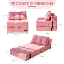 MAXYOYO Folding Sofa Bed, Convertible Sofa Bed with High-Density Support Foam, Portable 4 in 1 Fold Out Chair to Floor Lounger, Versatile Floor Couch for Living Room Bedroom, Pink