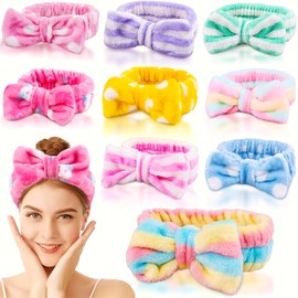 Skincare Headband, 9 Pcs Spa Headband for Washing Face, Microfiber Makeup Headbands for Women Girls, Face Wash Skin Care Headband, Facial Make Up Hair Headband, Bow Shower Fuzzy Hair Band for Teens