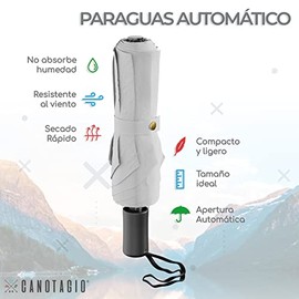 Canotagio Paraguas automatico plegable de bolsillo. Paraguas de viaje compacto para lluvia y Sol con funda. Sombrilla para lluvia con secado rápido y de amplia cobertura con 97 cm de Diámetro (Blanco)