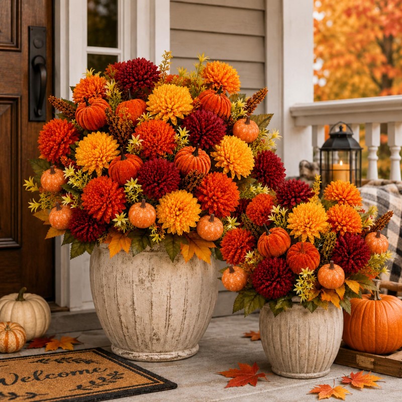 BobbleT 15 Pcs Fake Artificial Fall Mums with Pumpkin Picks,Faux