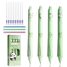Set of 4 Erasable Ballpoint Pens with Eraser, Panda Theme Erasable Pens Set, 0.5 mm Eraser Pen, Thermal Gel Pens, Rollerball Pen Erasable with 3 Erasers and 10 Refills (Black)