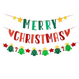 Merry Christmas Felt Banner, Christmas Tree, Candy Cane, Star Xmas Garland, Red and Green Felt String for Holiday Christmas Party Decorations, Home Wall Fireplace Windows Indoor Outdoor Decor