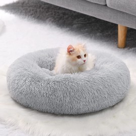 YOJOGEE Small Cat Bed for Indoor Cats, Self-Warming Donut Kitty Bed for Small Cats Keeping Warm, Washable Pet bed with Anti Slip Base, Grey 40cm