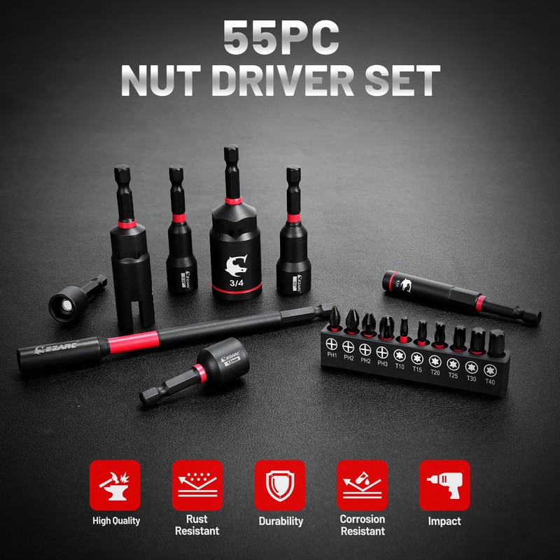EZARC 55PCS Magnetic Impact Nut Driver Set, 1/4" Hex Shank