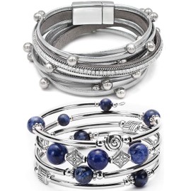 YooAi 2 Pieces Wrap Bracelet Multilayer Leather Bracelet Bohemian Beaded Tree of Life Bracelets Jewelry for Women Blue Grey