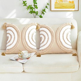 YDBDAT Rainbow Textured Throw Pillow Covers 18x18 Set of 2 Soft Decorative Tufted Pillow Covers Boho Tassels Woven Cushion Case for Bed Sofa Farmhouse Living Room Hallowmas Champagne