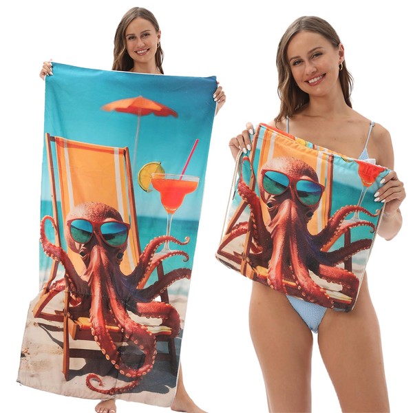 Beach Towels with Integrated Storage Bag, 55"x28" Microfiber Beach Towel,