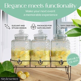 Style Setter Glass Beverage Dispenser with Stand (Set of 3), 1.5 Gallon Glass Drink Dispenser with Stand & Spigot, Party Drink Dispenser for Lemonade, Punch, Water, Juice Dispensers for Parties