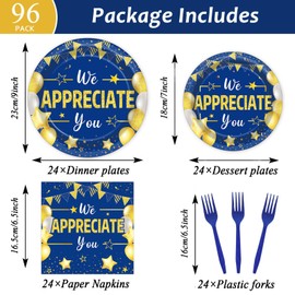 96Pcs We Appreciate You Party Plates and Napkins for Employee Staff Appreciation Blue Gold Party Supplies Work Anniversary Themed Plate Thank You Tableware Set for Teacher 24 Guests Party Decorations