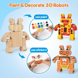 Mocoosy Wooden Robot Painting Art Craft Kit for Kids, Build Your Own Robot Painting Kit with Paints and Stickers,Wood Take Apart Robot Snap Together Building Toy Games Gift for Ages 3 4 5 8 Boys Girls