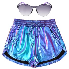 Women's Metallic Holographic Shorts Sparkly Pants 90s Disco Alien Outfit Shiny Rave Costumes with Sunglasses Size S