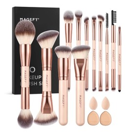 MAGEFY Brochas para Maquillaje Profesional, 17 PCS Brochas de Maquillaje de Doble Punta Kit de Aluminio con 4 Esponjas y Caja de Regalo (Beige)