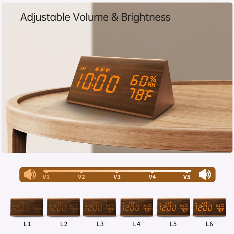 JALL Digital Alarm Clock, with Wooden Electronic LED Time Display,