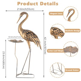giole 42'' Heron Garden Statue for Outside, Crane Outdoor Statue & Sculpture with Lotus Leaf, Metal Heron Yard Art Decor for Garden, Yard, Lawn, Pond (Gold & Blue)
