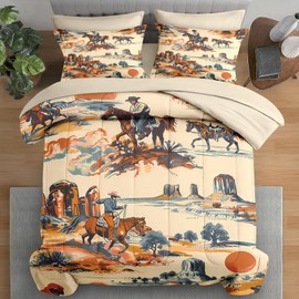 Pamnest Comforter Set King Size, West Horse Desert 7 Pcs Bedding for Kids and Adults, Vintage Western Cowboy Bed Sheet Sets with Fitted Sheet 2 Pillowcases & 2 Shams for Bedroom Bed Decor
