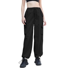 Cromoncent Womens High Waist Parachute Pants Y2K Cargo Trousers with Pockets, Black, L