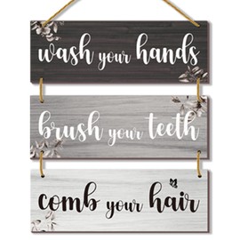 DONFENTHY 3 Pcs Bathroom Wall Decor Wooden Sign Wash Your Hands Hanging Wall Art Farmhouse Accessories for Home Bedroom Living Room Office Kitchen Decoration(Black White Gray 12X4 Inches)