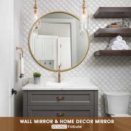 Fobule Round Bathroom Wall Mirror, 28"x28" Antique Gold Metal Beaded Frame Vanity Mirror, Wall Mounted Large Circle Makeup Mirror for Bedroom, Living Room, Entryway