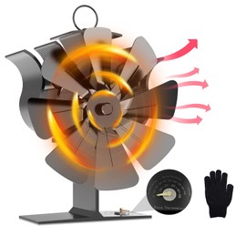 Fireplace Fan, 8 Blades Stove Fan Without Power, Fan for Fireplace, Quiet Operation, Wood Stove Fan, Stove Pipe Fan with Temperature Display and Gloves for Wood, Wood Stove Fireplace