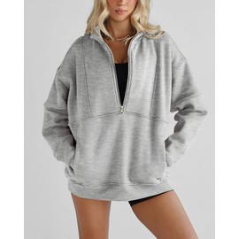 Women's Half Zip Sweatshirts Fleece Stand Collar Long Sleeve Thumb Hole Oversized Pullovers with Pockets Grey