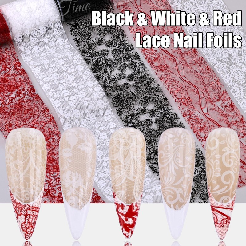 Lace Nail Foil Transfer Sheets, 10 Rolls Black White Red