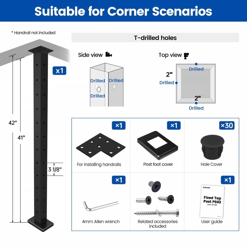 Muzata Black Corner Cable Railing Post 42 Inch 42"x2"x2" T-drilled
