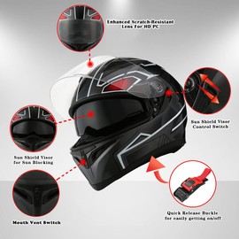 1STorm Motorcycle Street Bike Dual Visor/Sun Visor Full Face Helmet Mechanic Glossy Black, Size Medium (55-56 CM,21.7/22.0 Inch)