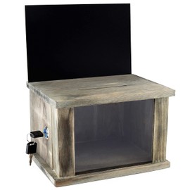 MCB Gray Wood Lockable Suggestion Box, Donations Collector Box with Removable Chalkboard & Acrylic Sign Holder