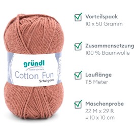 Gründl Cotton Fun Knitting Yarn / Crochet Yarn, (Soft Yarn Made from 100% Cotton, Oeko-Tex Certified, 50 g/115 m, Needle Size: 3-4, 10 Balls of 50 g), Nougat