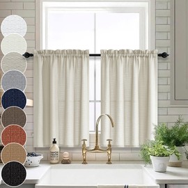 Cortinas de nivel de granja de 36 pulgadas de largo de lino sintético texturizado para barra de cocina, bolsillo corto estilo medio café, aspecto de arpillera neutro pequeñas cortinas para ventana de baño, 32 x 36 pulgadas