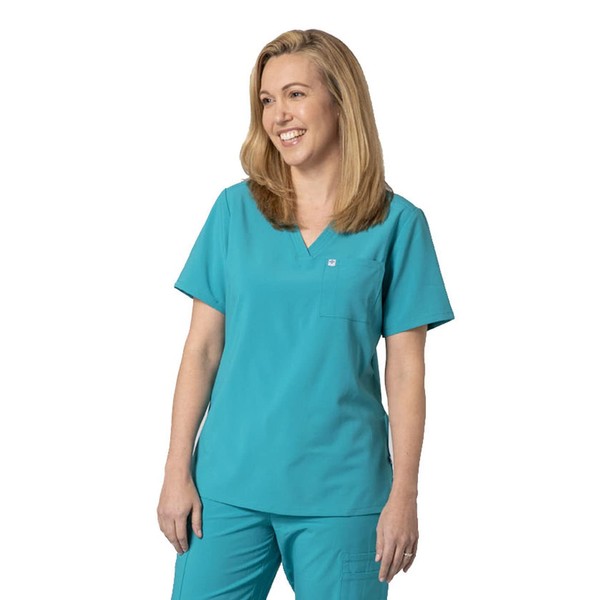 Care+Wear Camiseta médica de 2 bolsillos para mujer con cuello en V, incluye bolsillo en el pecho y el bolígrafo, resistente a las arrugas con lazo para insignia, Color verde azulado., S