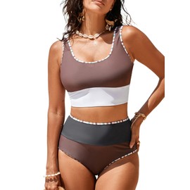 Herseas Women's Bikini Sets Two Piece Color Block 2025 Swimsuit High Waisted Scoop Neck Longline Tankini Bathing Suit Dark Brown Small