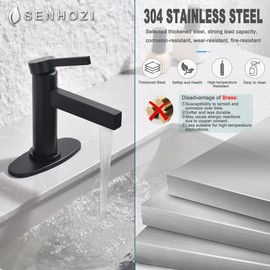 Senhozi Matte Black Bathroom Faucet for Sink 1 Hole, Single Hole Bathroom Faucet with Optional 6 Inch Deck Plate & Pop-Up Drain, Black Bathroom Faucet 1 Hole, SE-1016-BK