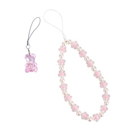 Meefisher 2 PCS Pink Bear Flower Beaded Mobile Phone Charms Lanyard Aesthetic Sweet Cute Phone Wrist Strap Anti-Lost Chain for Women
