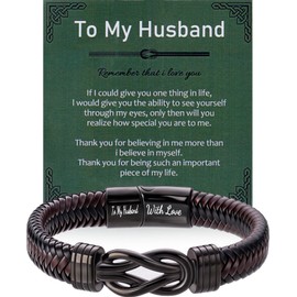 Sahoottie Mens Leather Bracelet Black Infinity Bracelet for Men Husband Birthday Gifts Gifts for Husband Engraved Bracelets for Men