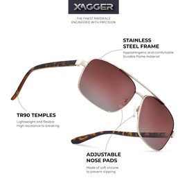Xagger Polarized Brow Bar Square Aviator Sunglasses for Men Retro Pilot Military Metal Driving Fishing Golf Shades UV400
