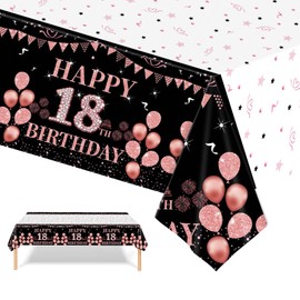 18th Table Cloth,Black Rose Gold Birthday Tablecloth 137*274cm rectangle Disposable Tablecloth Party Table Cloth Large Plastic Table Cover Black Rose and Gold Decors for 18th Birthday Party supplies