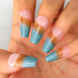 Sethexy French Handmade Press on Nail Glossy Long Coffin False Nail Blue Tip Fake Nail Autumn Salon False Nails with Design Arcylic for Women and Girls 10PCS (S)