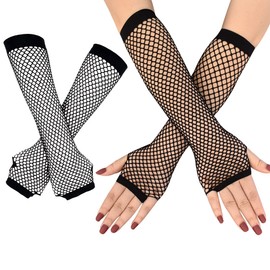 2 Pairs Long Fishnet Gloves Black Fingerless Mesh Gloves 80s Mesh Gloves Arm Warmer Gloves for Women Girls 80s Costume Accessories Party Accessories Black One Size