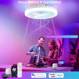vookea 2-in-1 Low Profile Ceiling Fan with Light, 20” Caged Safety Design for Kids - Back RGB Color, Smart APP/Remote Control, Quiet Flush Mount DC Motor, Ideal for Bedroom/Living Room/Kitchen, White