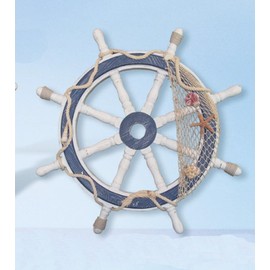 SH 24" Distressed White & Blue Wood Nautical Ship Wheel