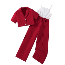 Hilinker Girl's 2 Piece Outfits Short Sleeve Blazer Belted Wide Leg Sleeveless Jumpsuit Sets Red White 13-14Y